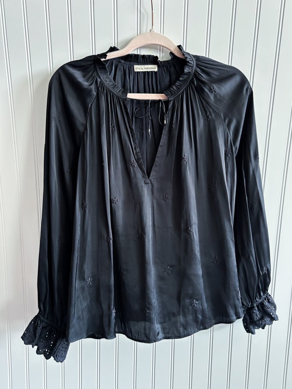 Ulla Johnson Black Embroidered Neck Tie Relaxed Fit Blouse Long Sleeve Top 6